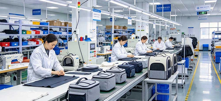 Pet storage organizer bags production workshop, OEM custom pet supplies manufacturing